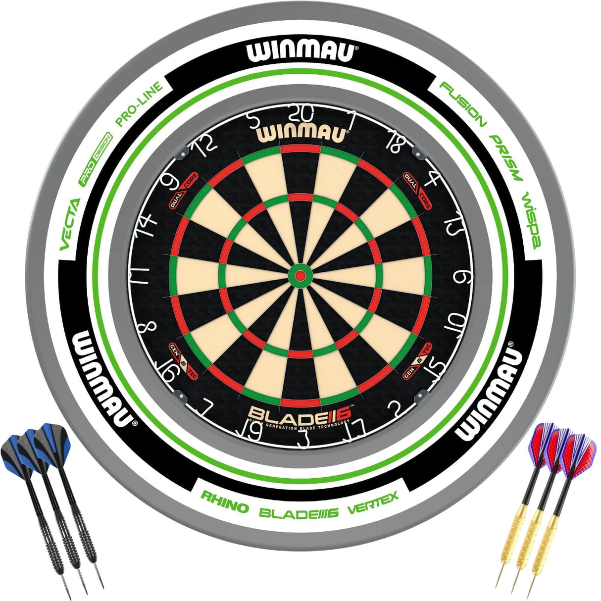 Winmau - Blade 6 Dual Core Dartboard & Advance Surround Ready to Play Bundle - White & Green