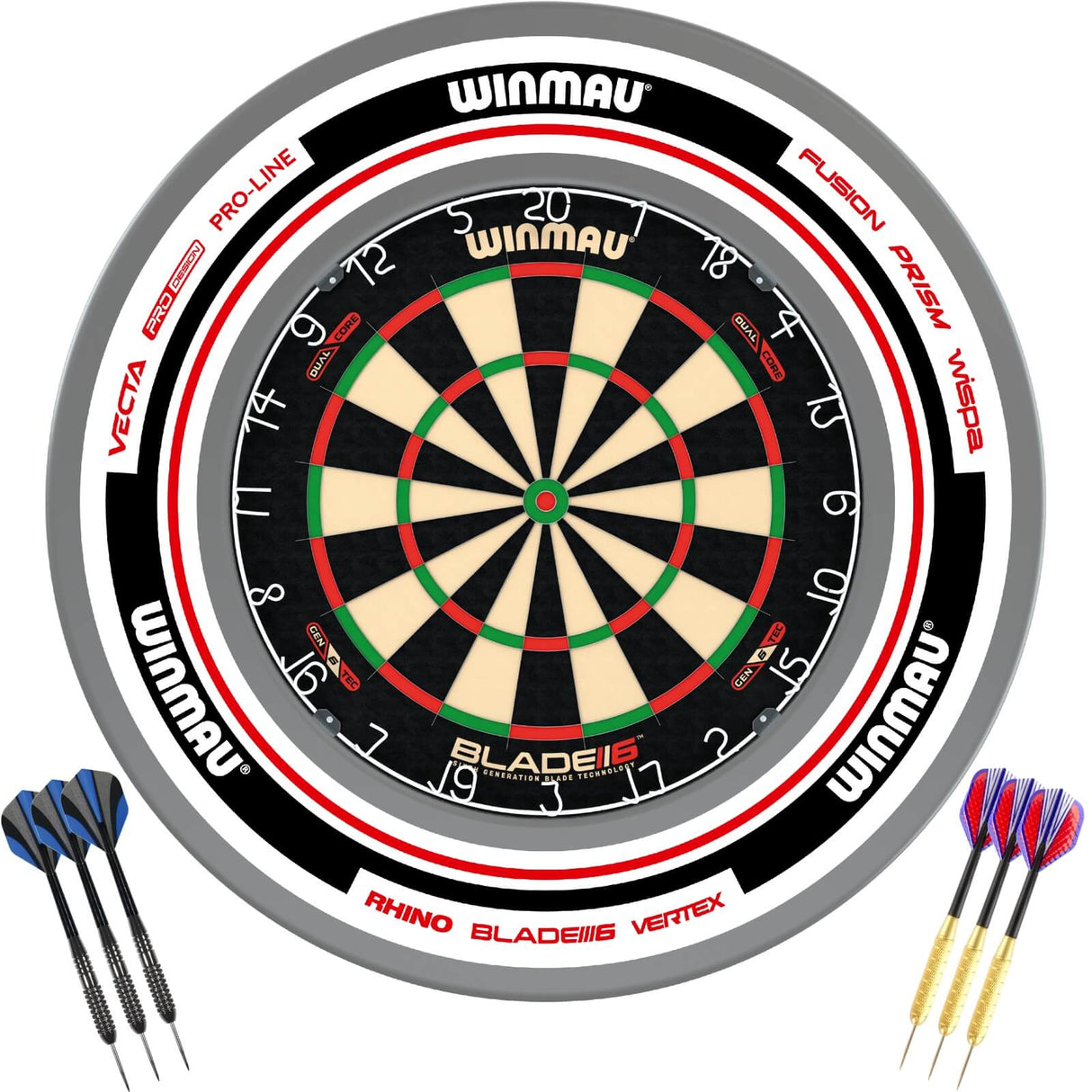 Winmau - Blade 6 Dual Core Dartboard & Advance Surround Ready to Play Bundle - White & Red