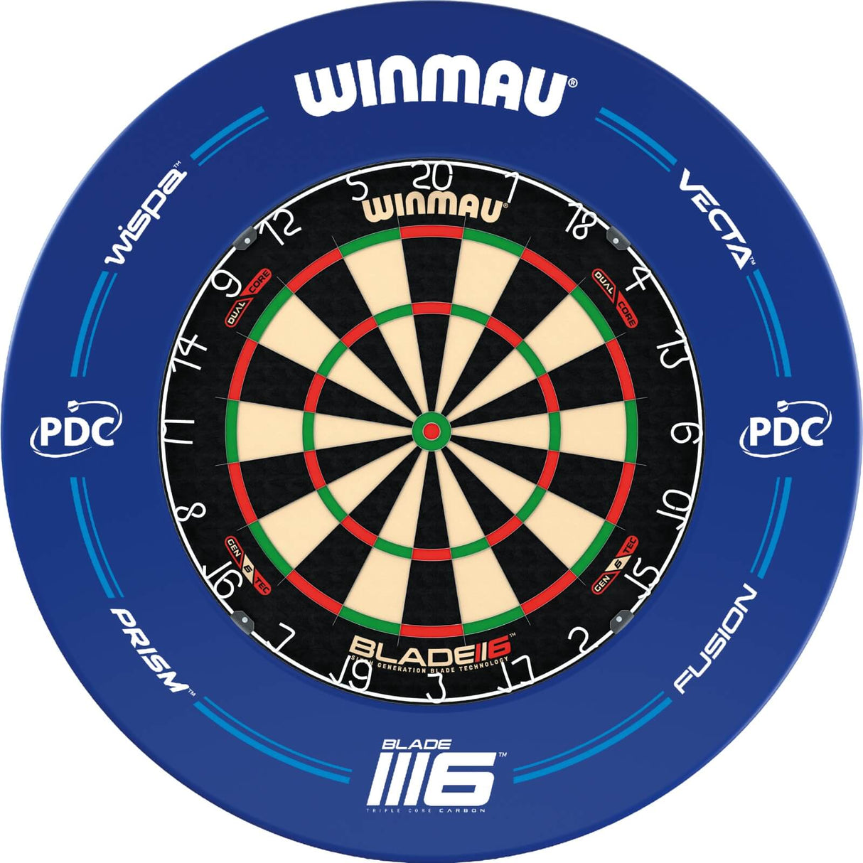 Winmau - Blade 6 Dual Core Dartboard & Blue PDC Surround Bundle -