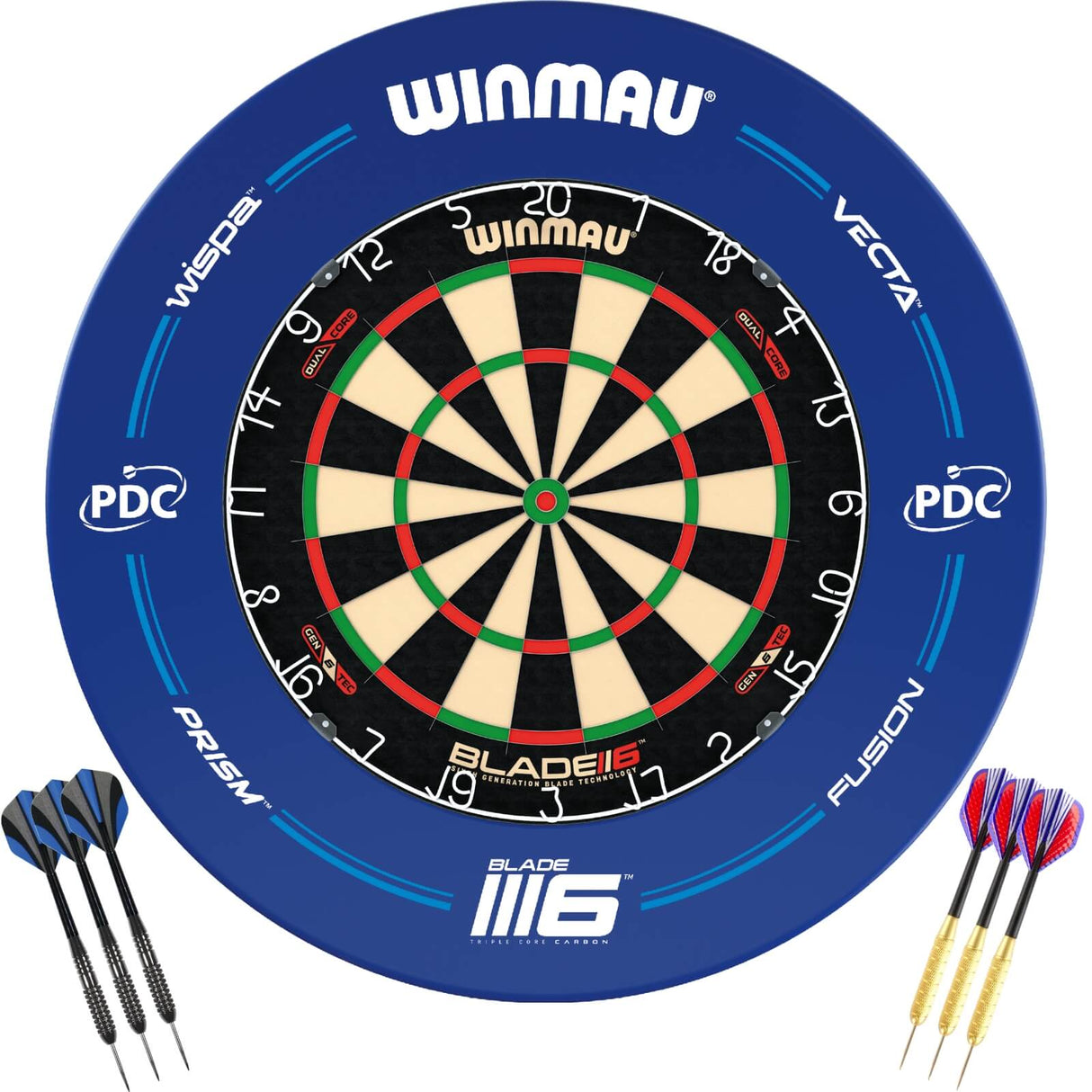 Winmau - Blade 6 Dual Core Dartboard & Blue PDC Surround Ready to Play Bundle -
