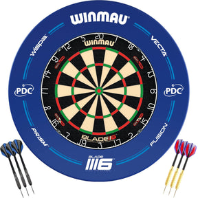 Winmau - Blade 6 Dual Core Dartboard & Blue PDC Surround Ready to Play Bundle -