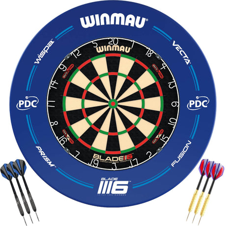 Winmau - Blade 6 Dual Core Dartboard & Blue PDC Surround Ready to Play Bundle -