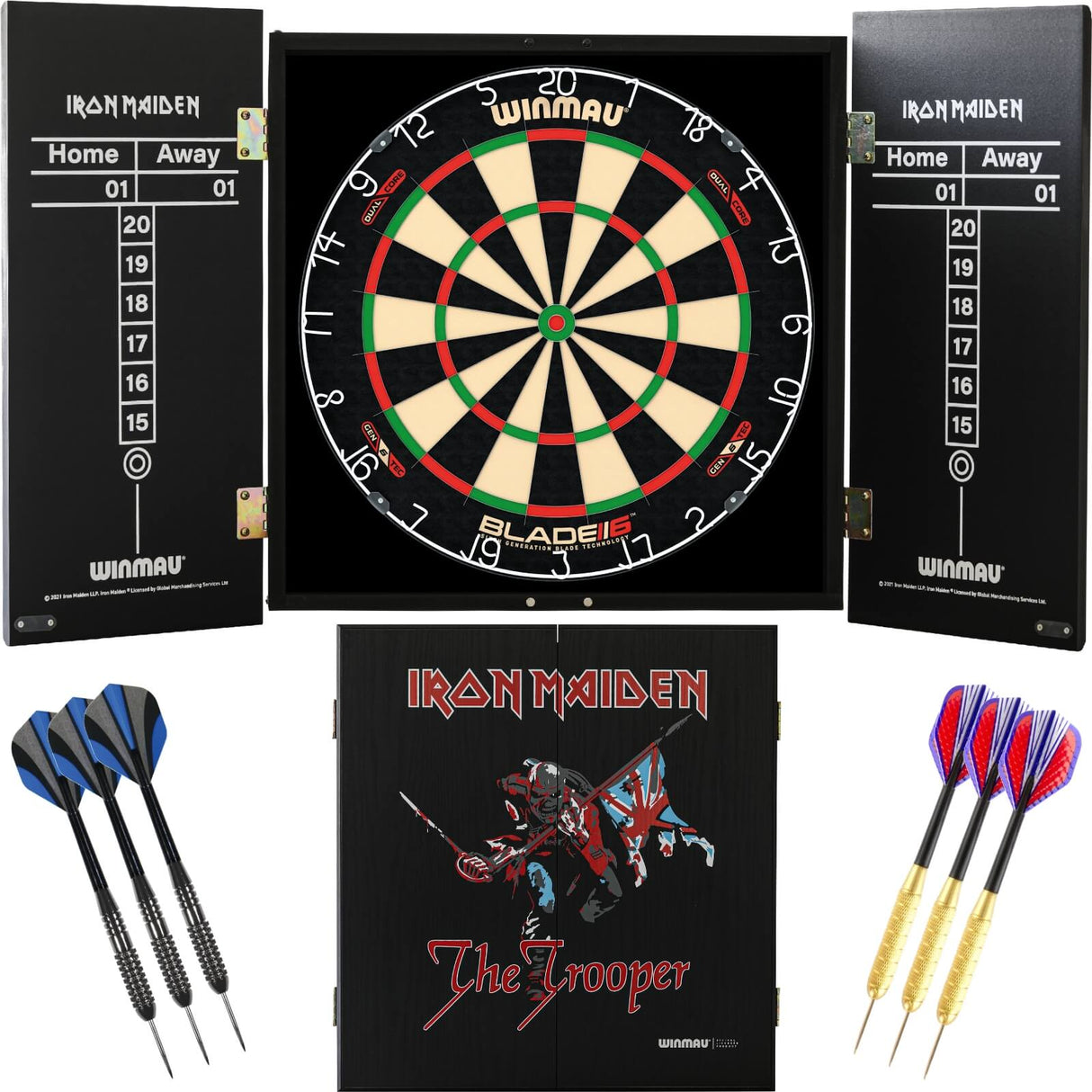 Winmau - Blade 6 Dual Core Dartboard & Iron Maiden Cabinet Ready to Play Bundle - The Trooper