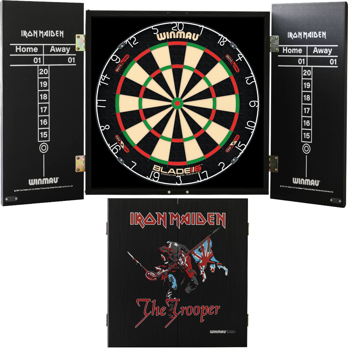 Winmau - Blade 6 Dual Core Dartboard & Iron Maiden Cabinet Bundle - The Trooper