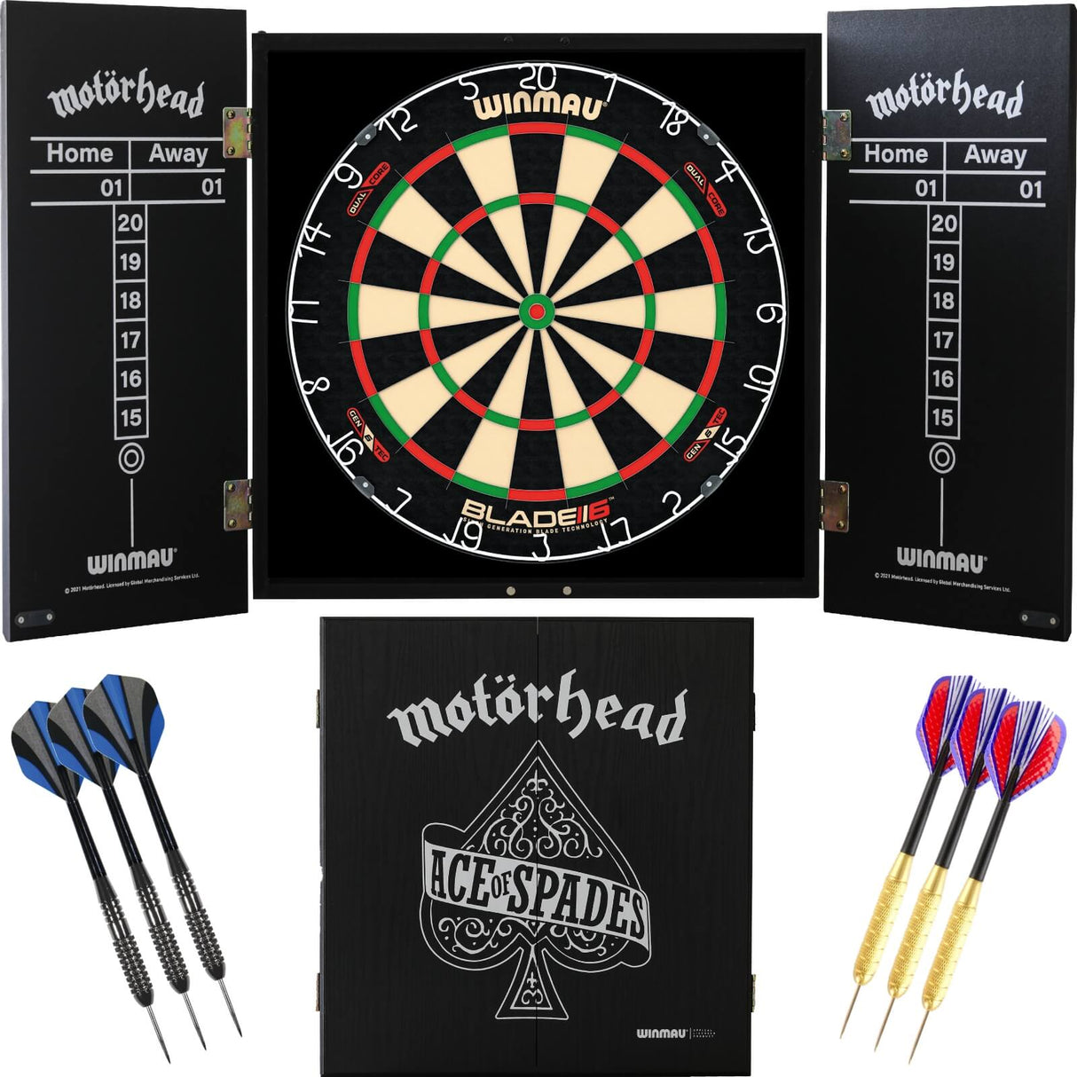 Winmau - Blade 6 Dual Core Dartboard & Motörhead Cabinet Ready to Play Bundle - Ace of Spades
