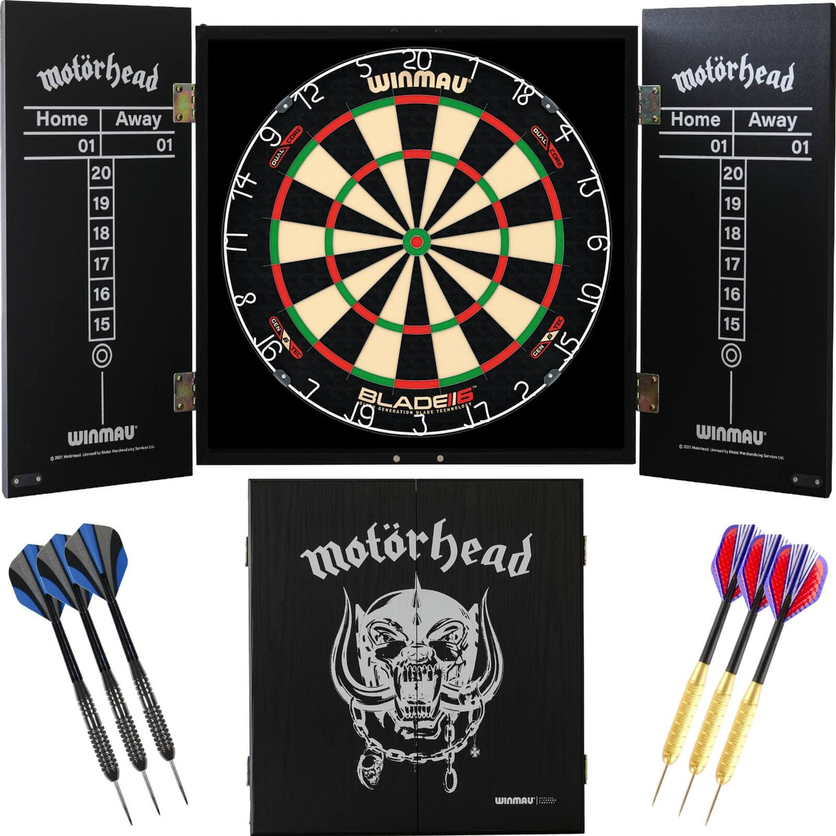 Winmau - Blade 6 Dual Core Dartboard & Motörhead Cabinet Ready to Play Bundle - War Pig