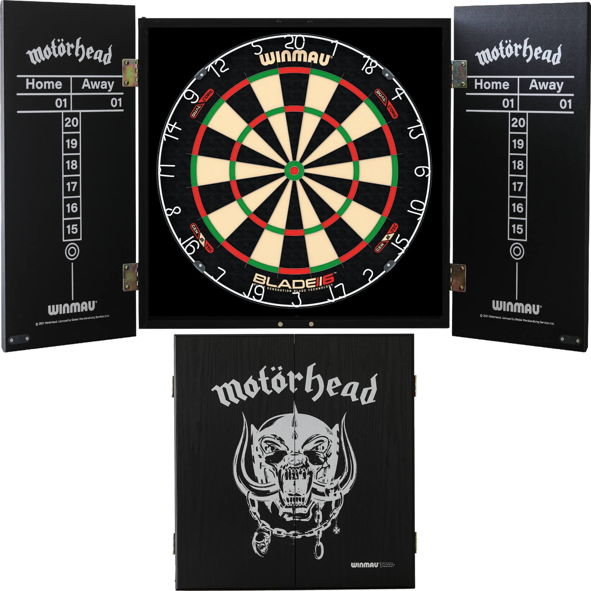 Winmau - Blade 6 Dual Core Dartboard & Motörhead Cabinet Bundle - War Pig