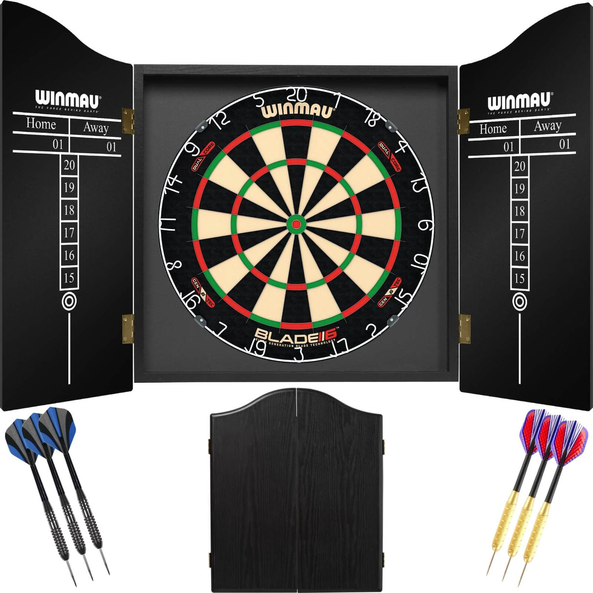 Winmau - Blade 6 Dual Core Dartboard & Cabinet Ready to Play Bundle - Black