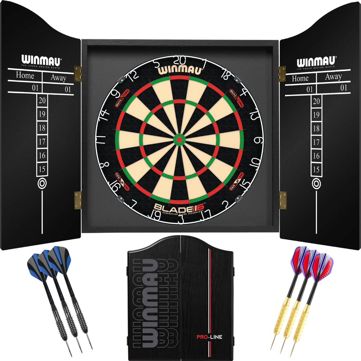 Winmau - Blade 6 Dual Core Dartboard & Pro-Line Cabinet Ready to Play Bundle -
