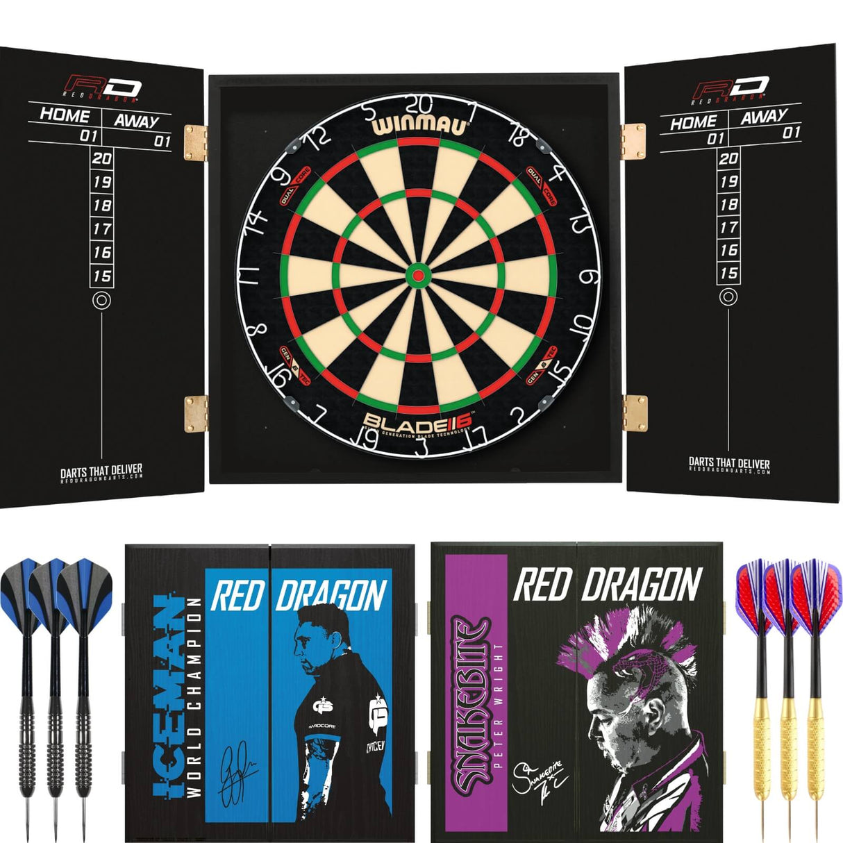 Winmau - Blade 6 Dual Core Dartboard & Player Edition Cabinet Ready to Play Bundle -
