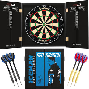 Winmau - Blade 6 Dual Core Dartboard & Player Edition Cabinet Ready to Play Bundle - Gerwyn Price