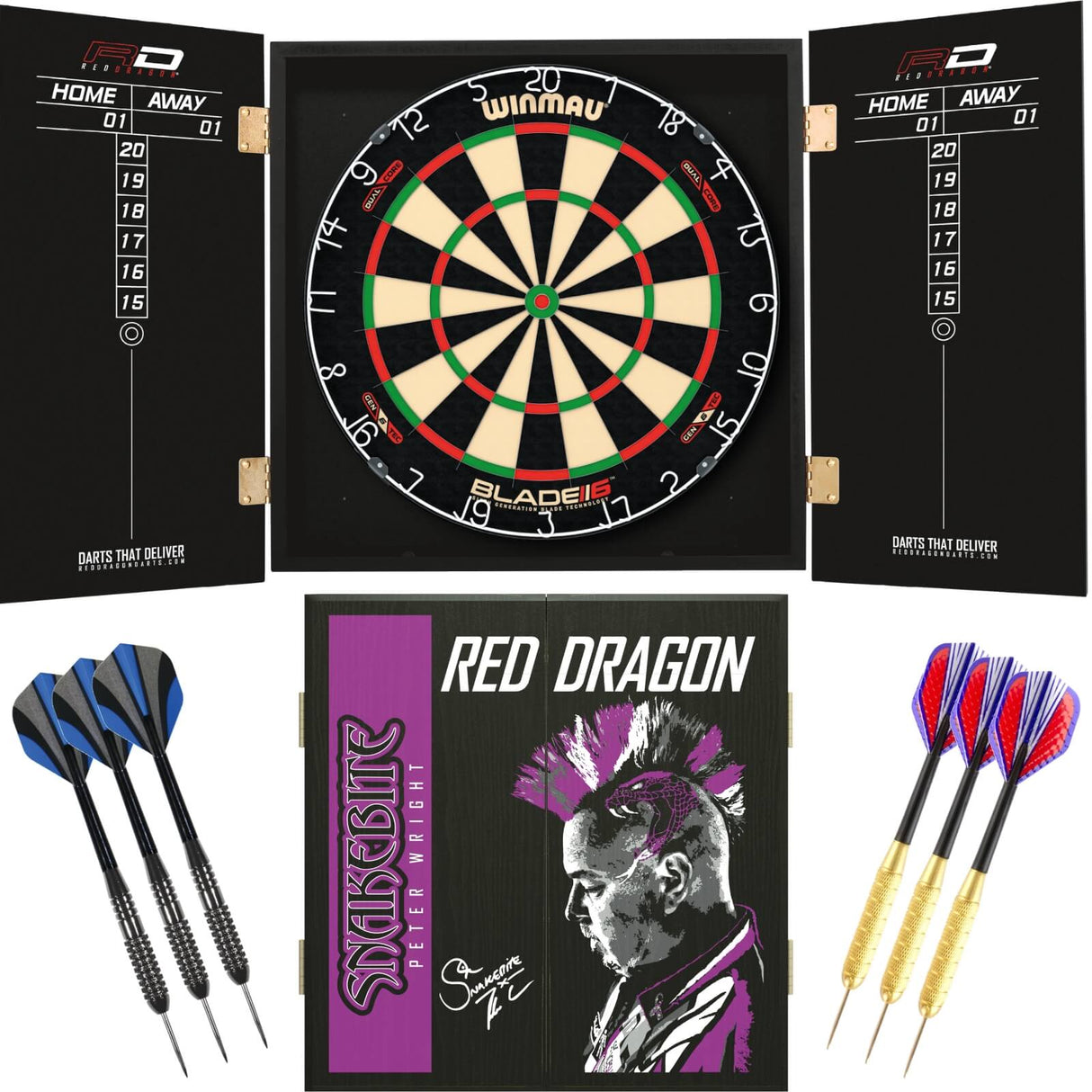 Winmau - Blade 6 Dual Core Dartboard & Player Edition Cabinet Ready to Play Bundle - Peter Wright