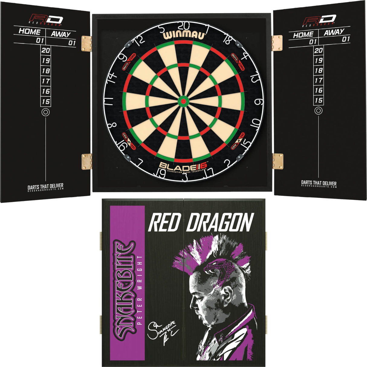 Winmau - Blade 6 Dual Core Dartboard & Player Edition Cabinet Bundle - Peter Wright