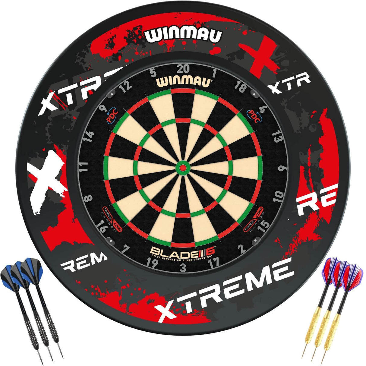 Winmau - Blade 6 Triple Core Dartboard & Surround Ready to Play Bundle - Xtreme Red