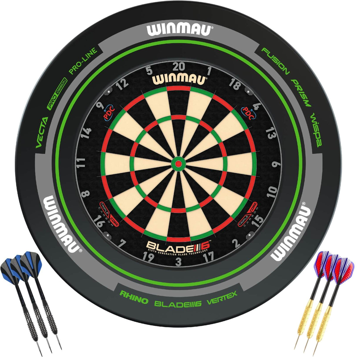 Winmau - Blade 6 Triple Core Dartboard & Advance Surround Ready to Play Bundle - Black & Green