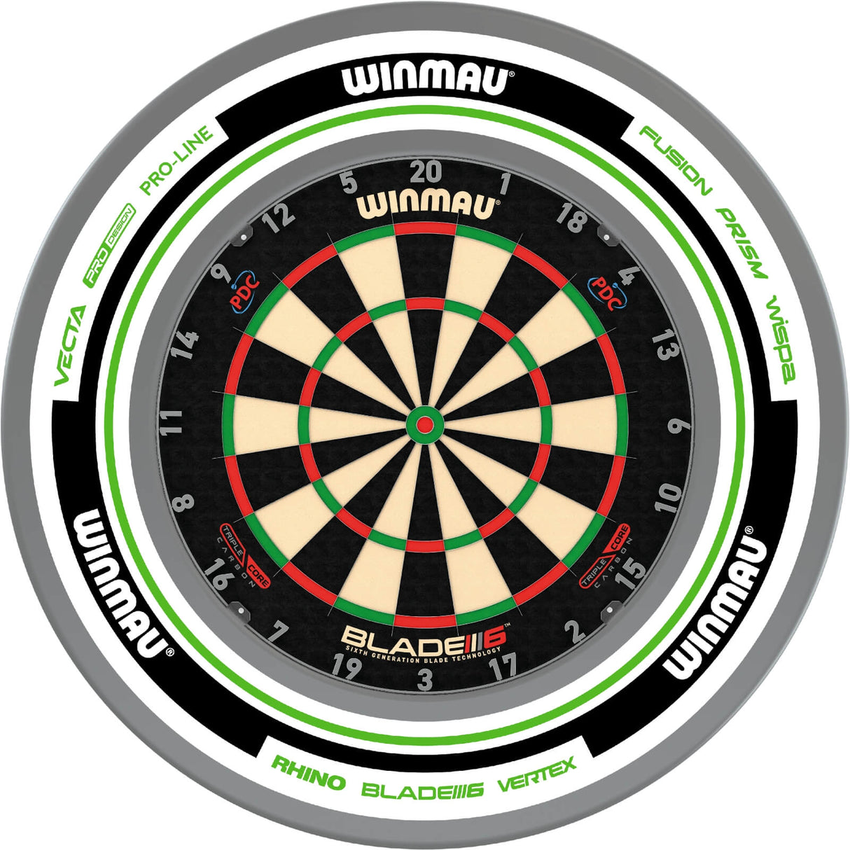 Winmau - Blade 6 Triple Core Dartboard & Advance Surround Bundle - White & Green