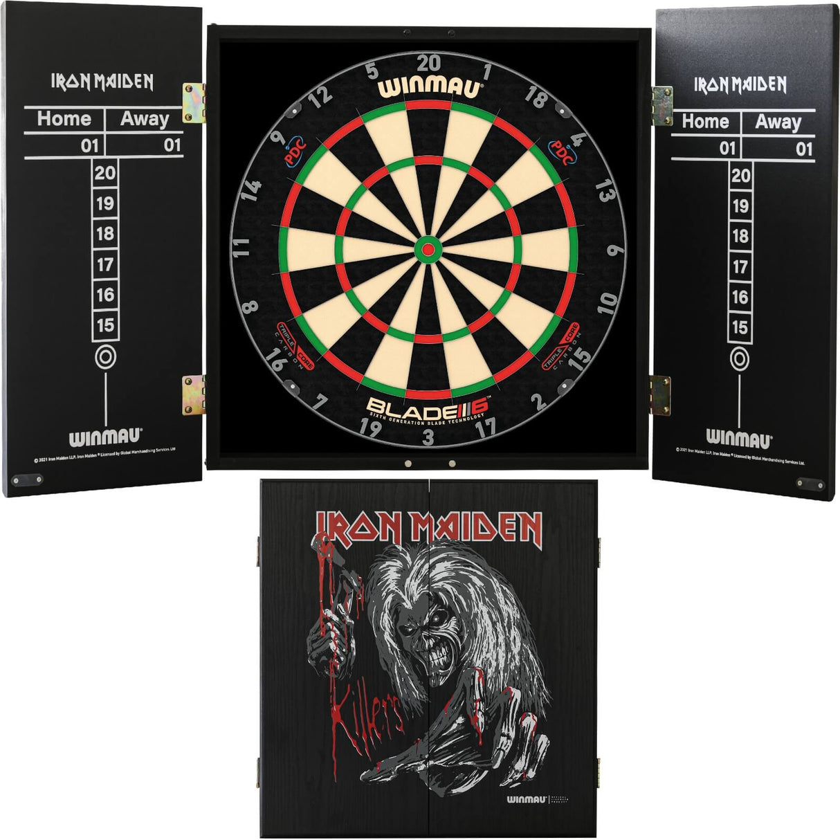 Winmau - Blade 6 Triple Core Dartboard & Iron Maiden Cabinet Bundle - Killers