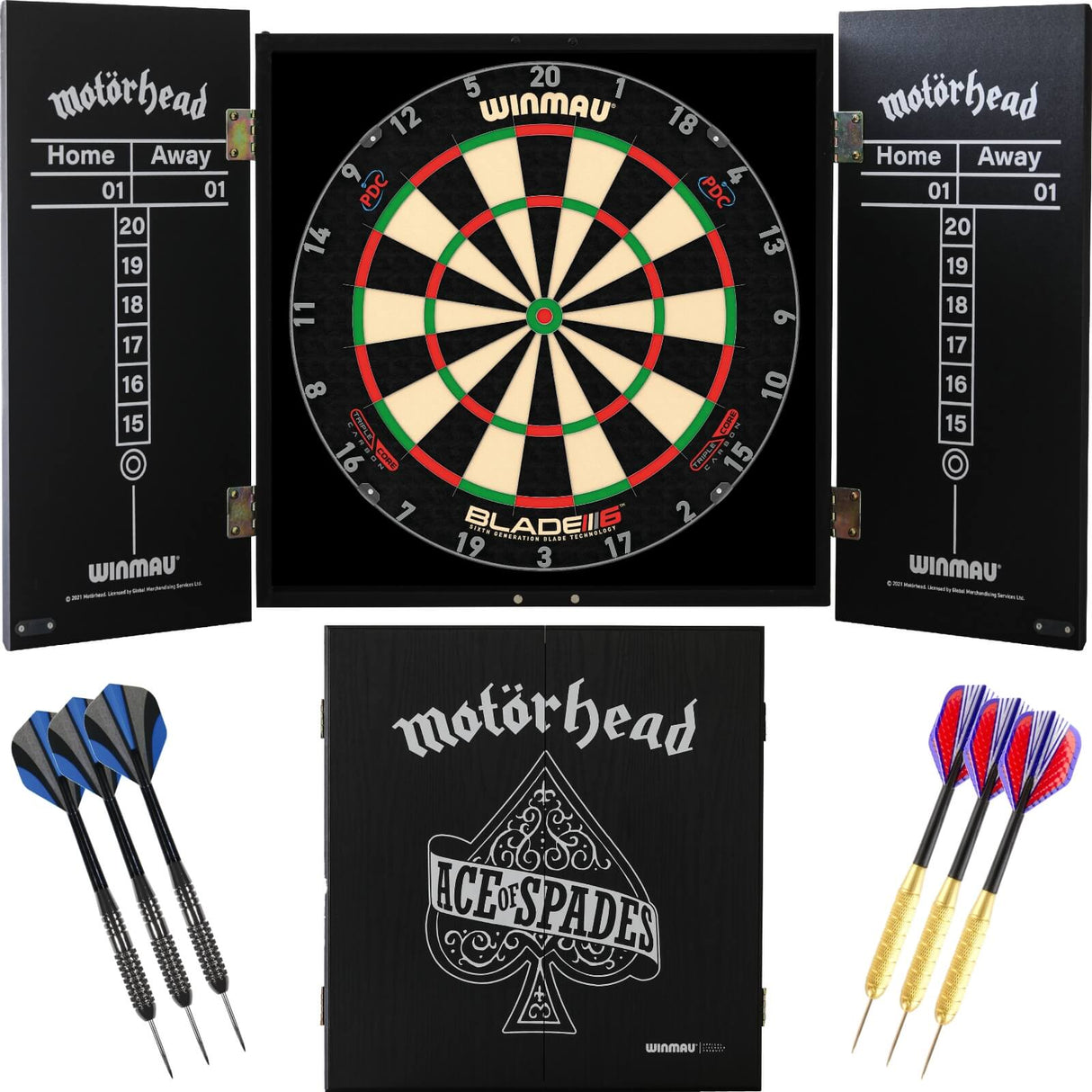 Winmau - Blade 6 Triple Core Dartboard & Motörhead Cabinet Ready to Play Bundle - Ace of Spades