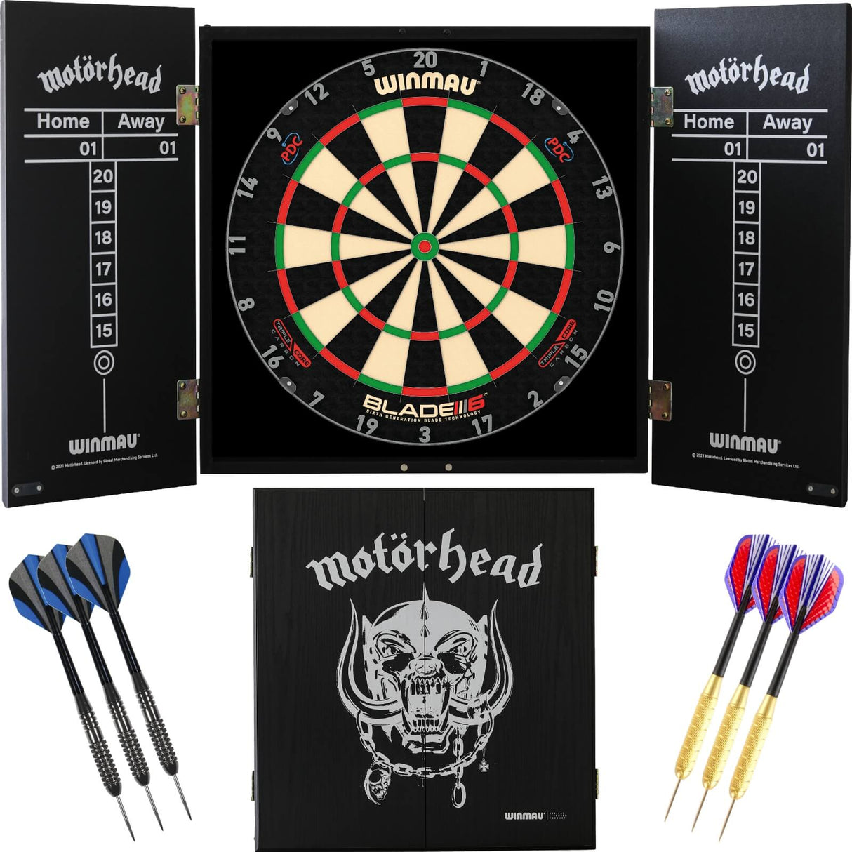 Winmau - Blade 6 Triple Core Dartboard & Motörhead Cabinet Ready to Play Bundle - War Pig