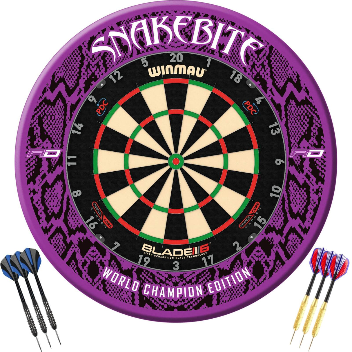 Winmau - Blade 6 Triple Core Dartboard & Player Edition Surround Ready to Play Bundle - Peter Wright