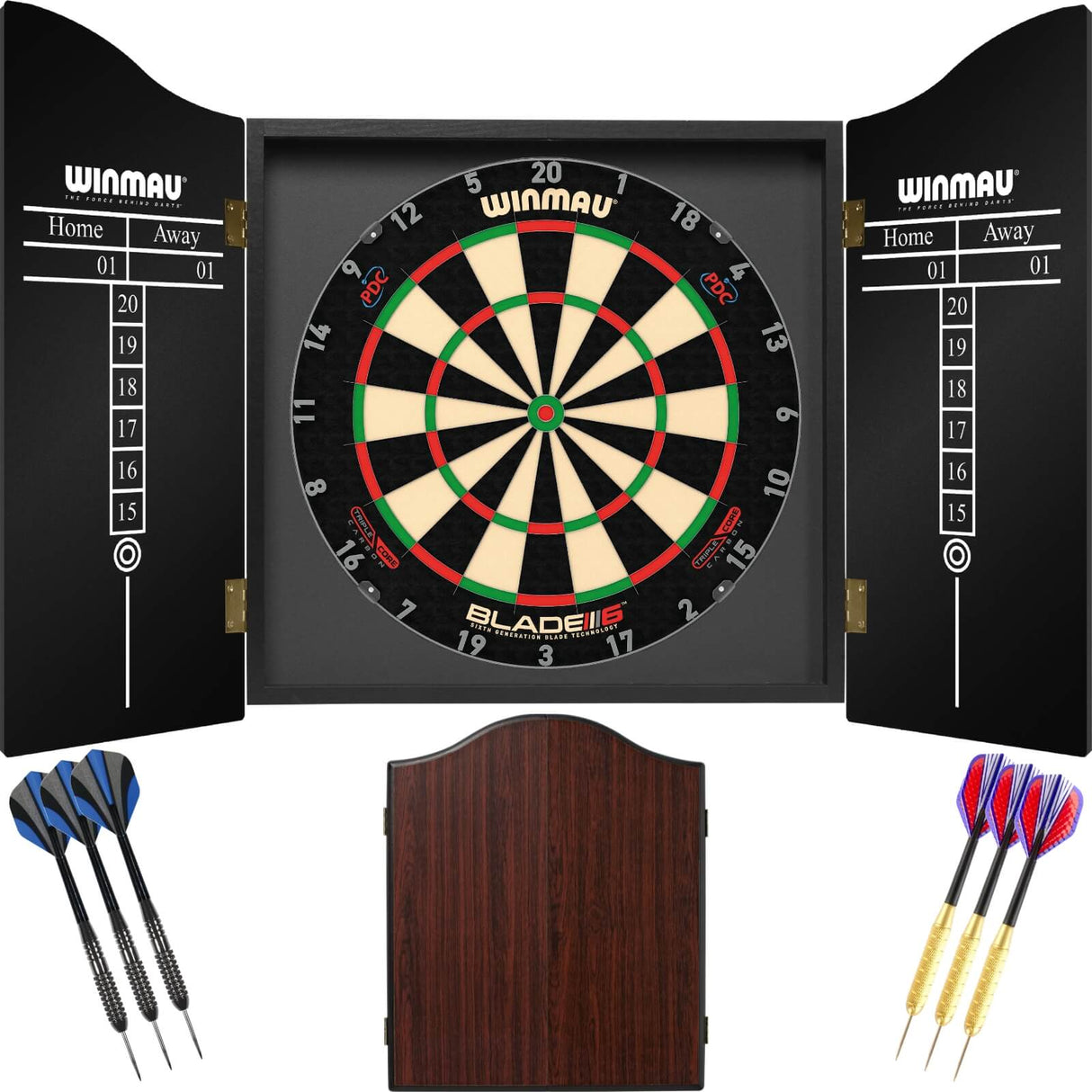 Winmau - Blade 6 Triple Core Dartboard & Cabinet Ready to Play Bundle - Rosewood