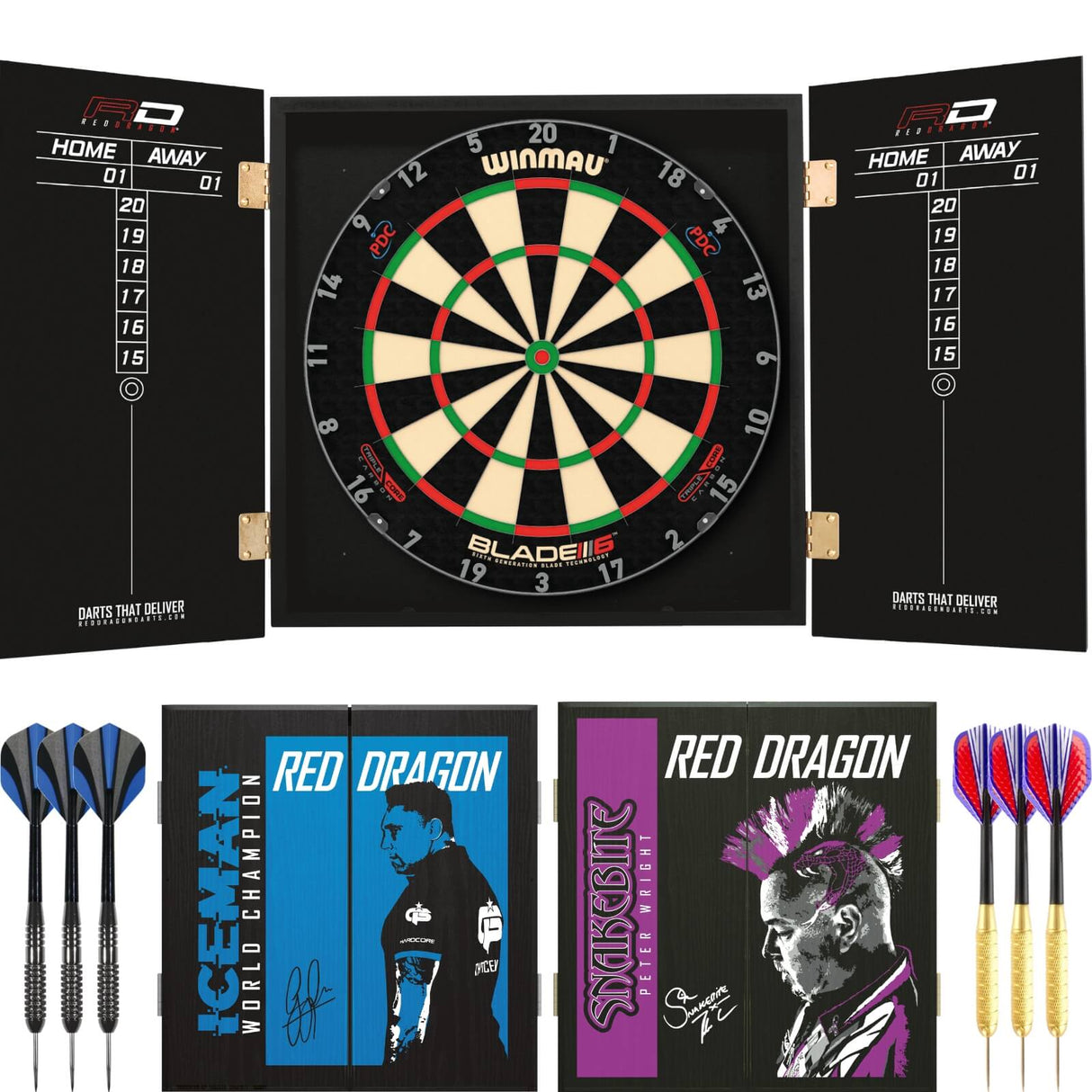 Winmau - Blade 6 Triple Core Dartboard & Player Edition Cabinet Ready to Play Bundle -