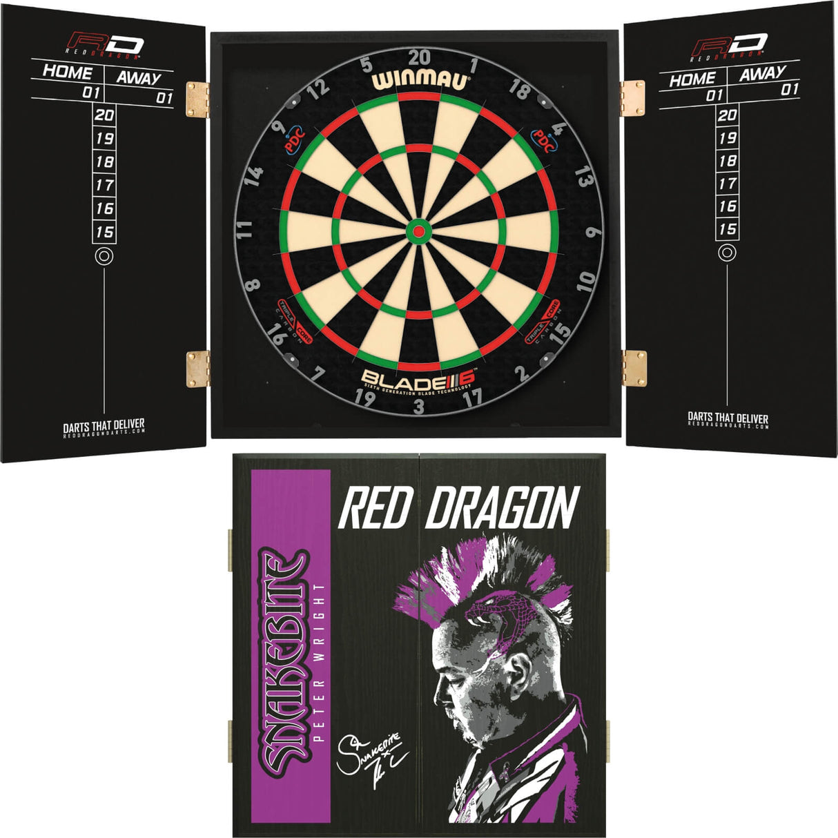 Winmau - Blade 6 Triple Core Dartboard & Player Edition Cabinet Bundle - Peter Wright