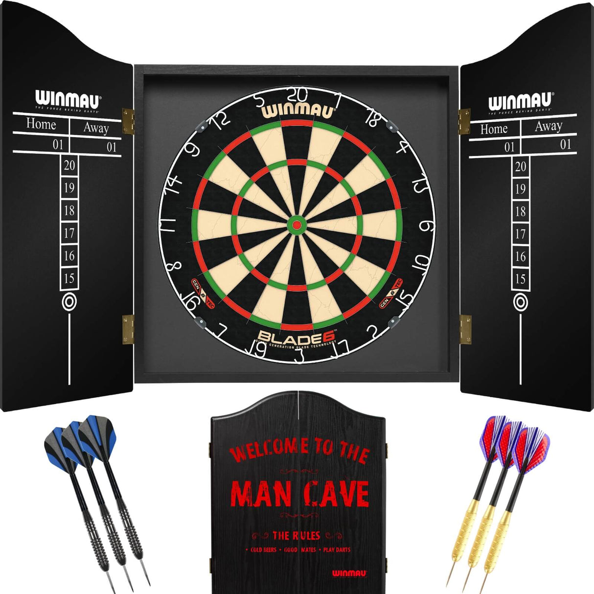 Winmau - Blade 6 Dartboard & Cabinet Ready to Play Bundle - Man Cave
