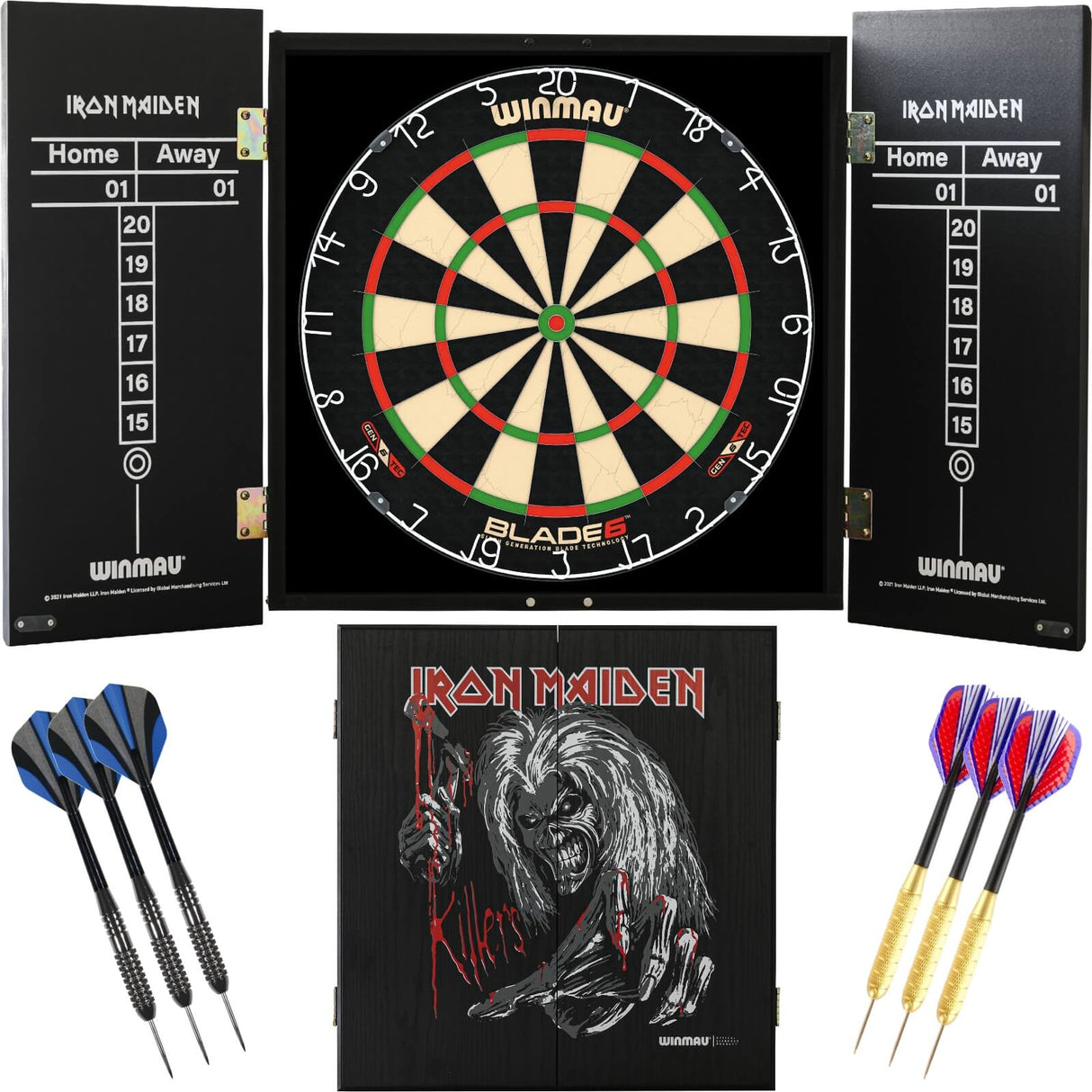 Winmau - Blade 6 Dartboard & Iron Maiden Cabinet Ready to Play Bundle - Killers