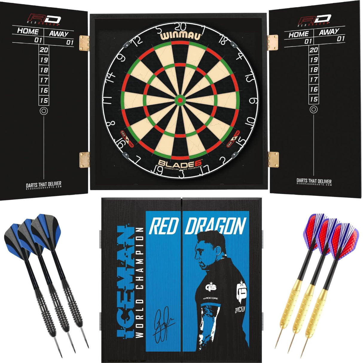 Winmau - Blade 6 Dartboard & Player Edition Cabinet Ready to Play Bundle - Gerwyn Price