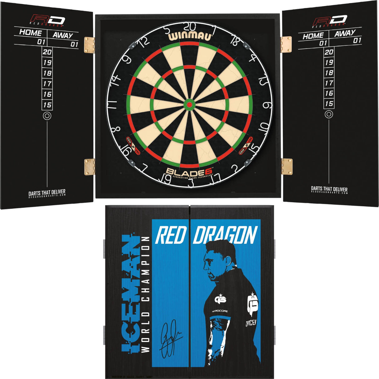 Winmau - Blade 6 Dartboard & Player Edition Cabinet Bundle - Gerwyn Price