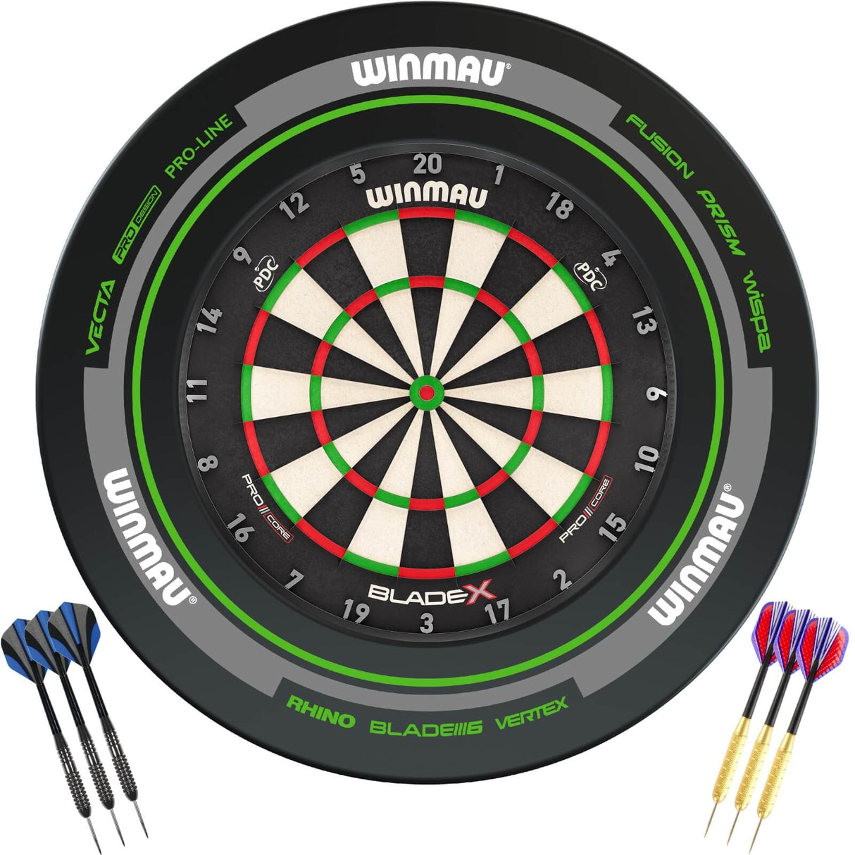 Winmau - Blade X Dartboard & Advance Surround Ready to Play Bundle - Black & Green
