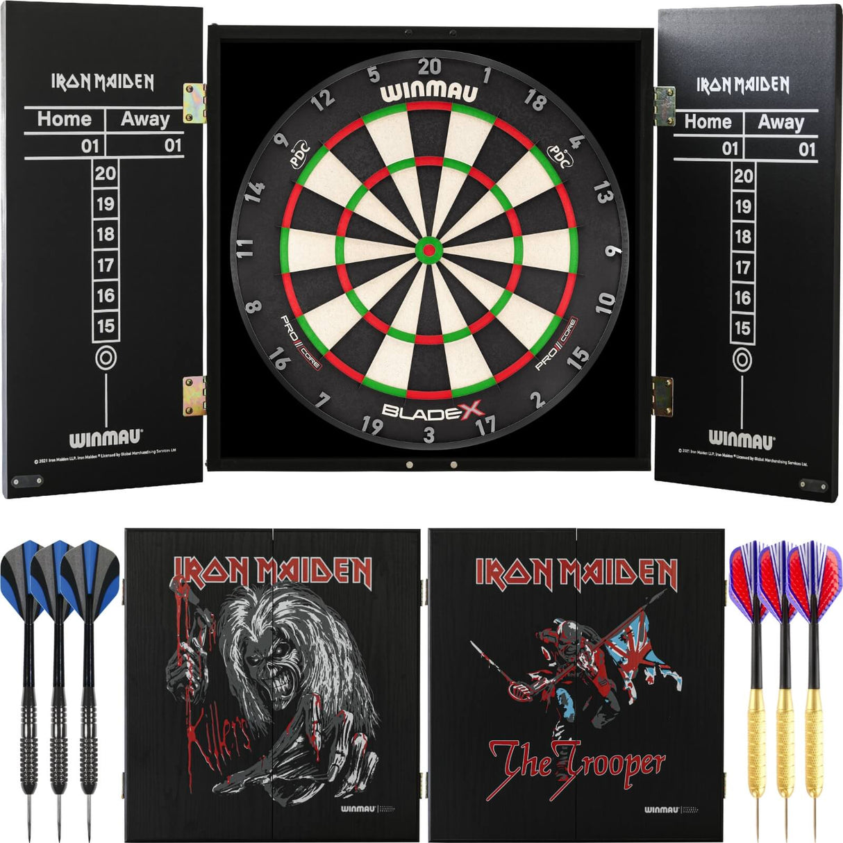 Winmau - Blade X Dartboard & Iron Maiden Cabinet Ready to Play Bundle -