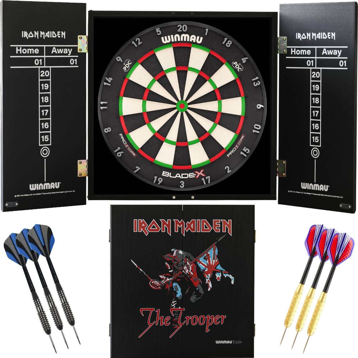 Winmau - Blade X Dartboard & Iron Maiden Cabinet Ready to Play Bundle - The Trooper
