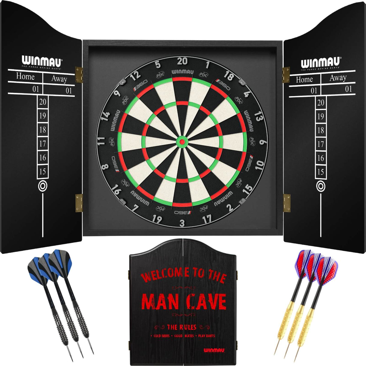 Winmau - Blade 360 Triple Core Dartboard & Cabinet Ready to Play Bundle - Man Cave