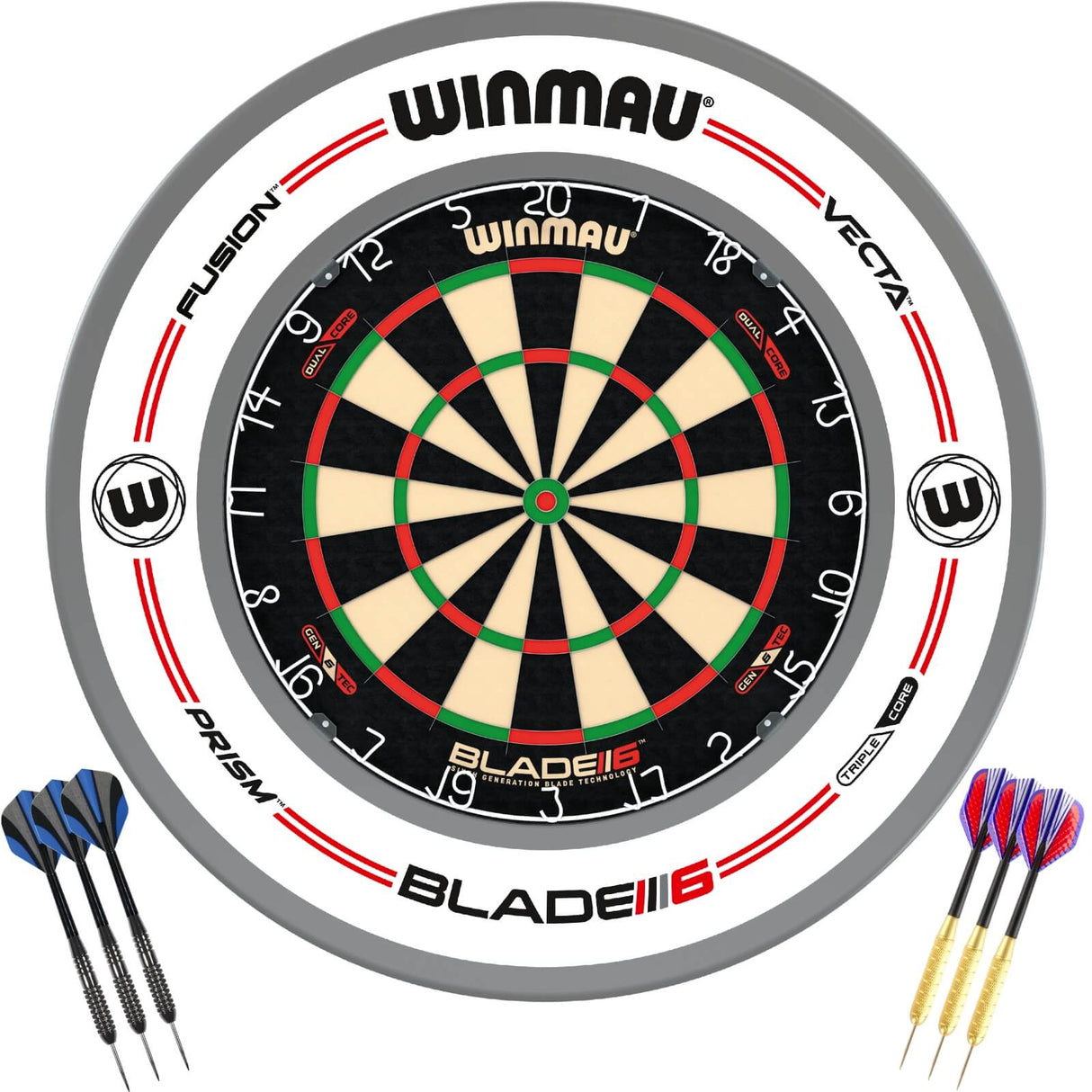 Winmau - Blade 6 Dual Core Dartboard & Surround Ready to Play Bundle - Pro-Line White