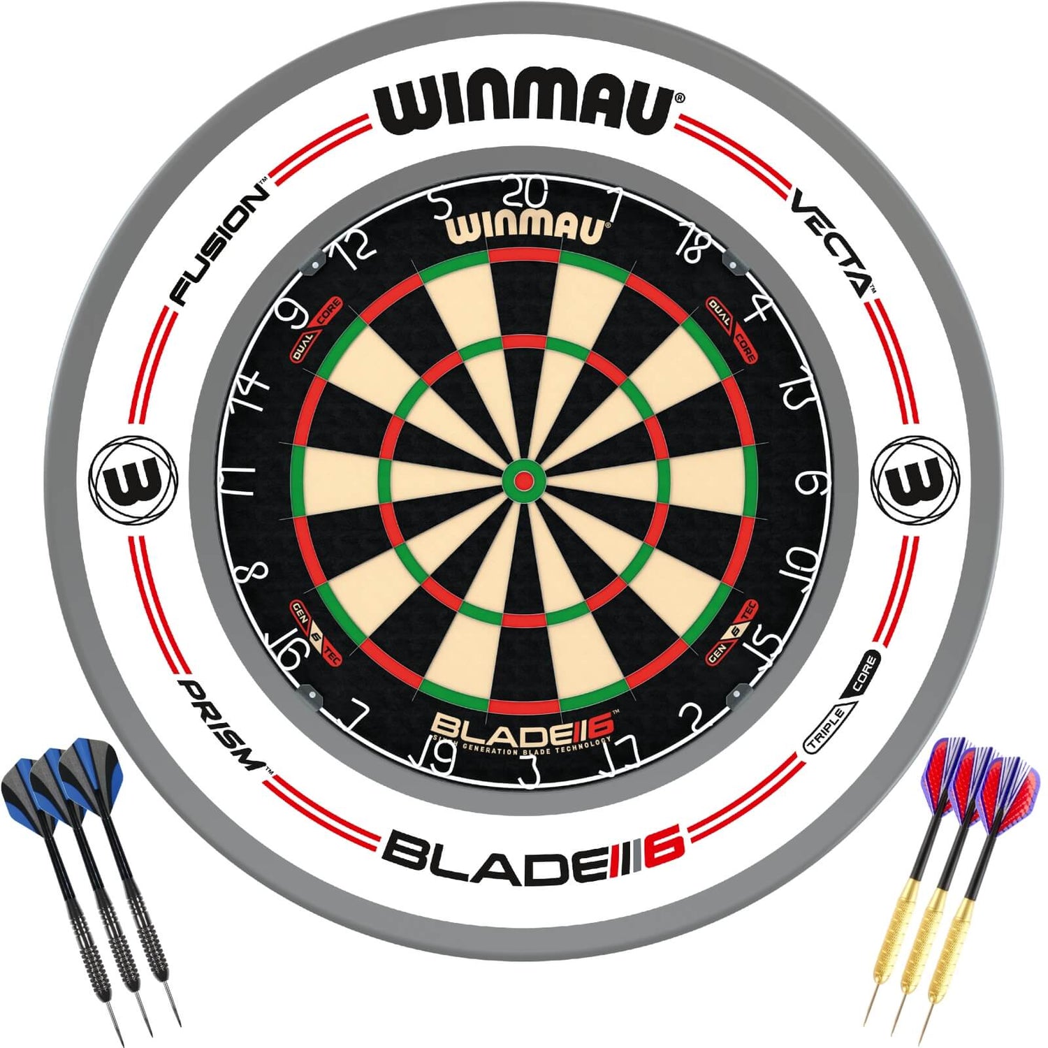Winmau - Blade 6 Dual Core Dartboard & Surround Ready to Play Bundle - Pro-Line White
