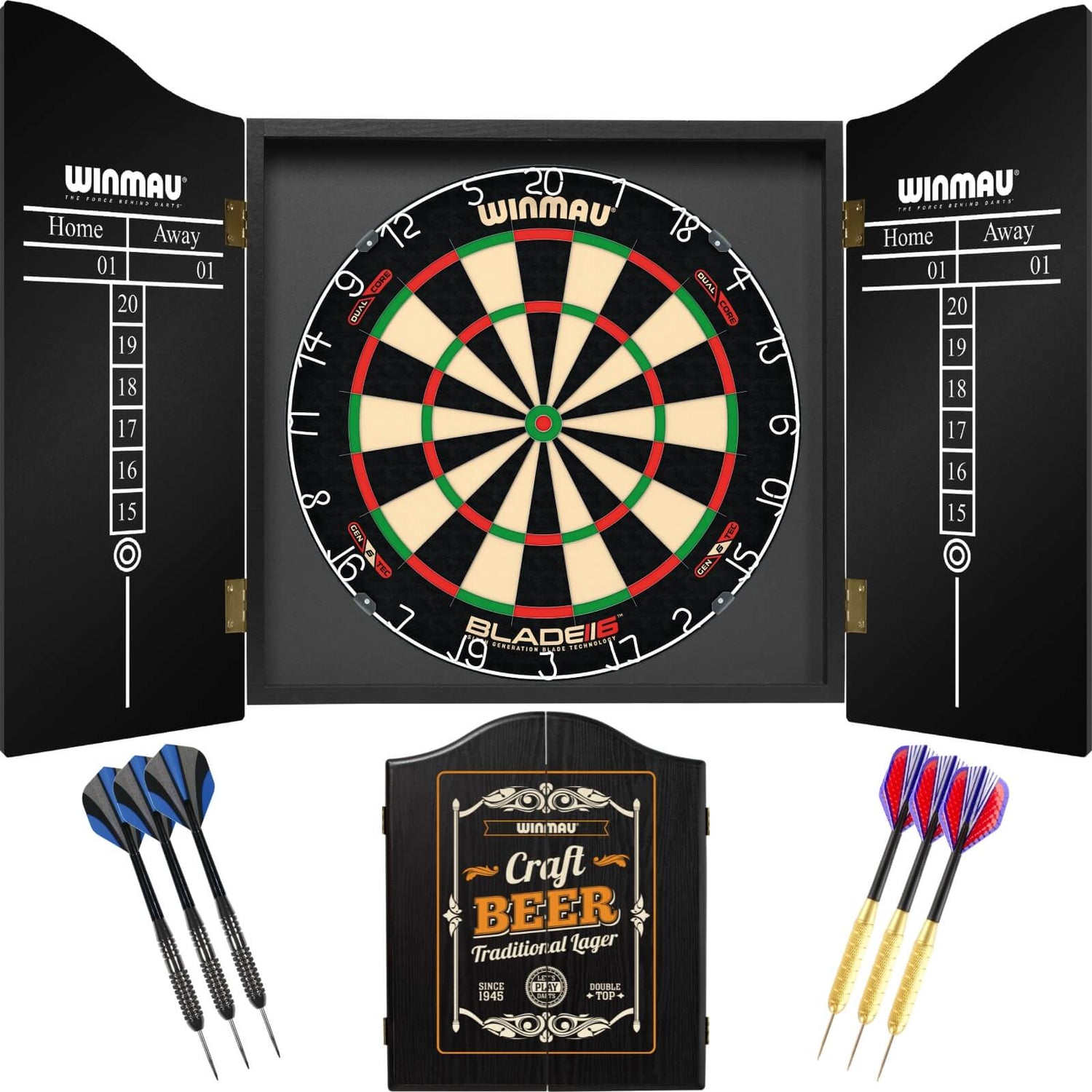 Winmau - Blade 6 Dual Core Dartboard & Cabinet Ready to Play Bundle - Craft Beer