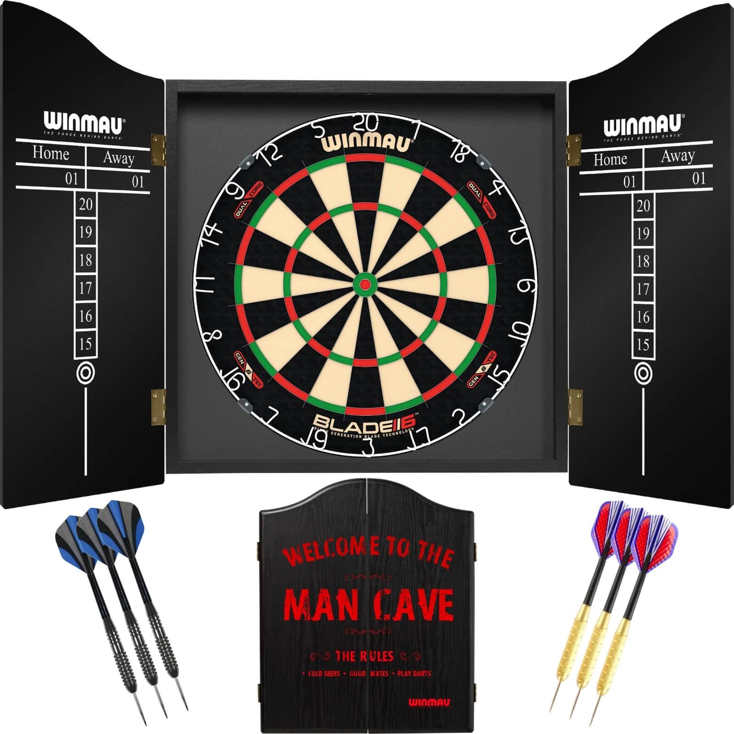 Winmau - Blade 6 Dual Core Dartboard & Cabinet Ready to Play Bundle - Man Cave