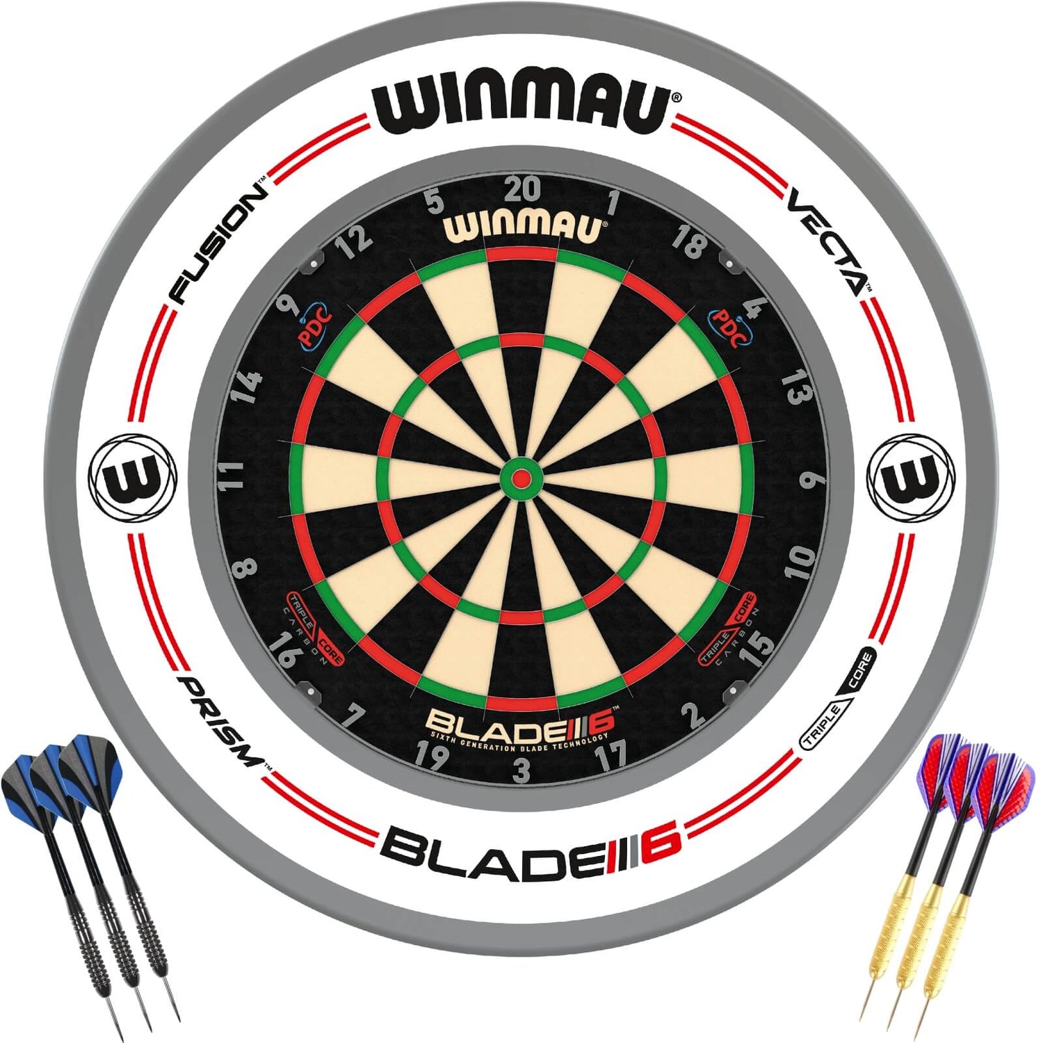 Winmau - Blade 6 Triple Core Dartboard & Surround Ready to Play Bundle - Pro-Line White