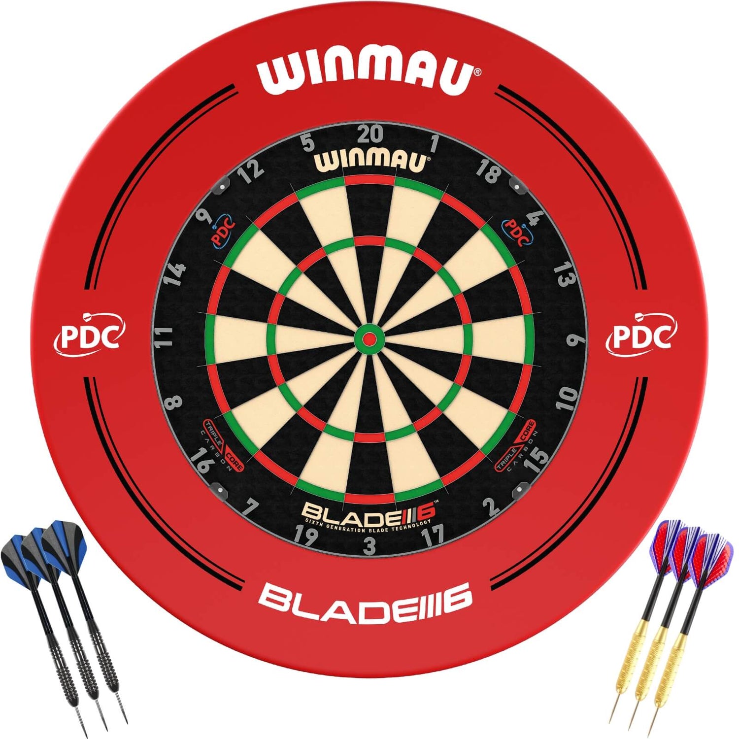 Winmau - Blade 6 Triple Core Dartboard & Surround Ready to Play Bundle - Red PDC