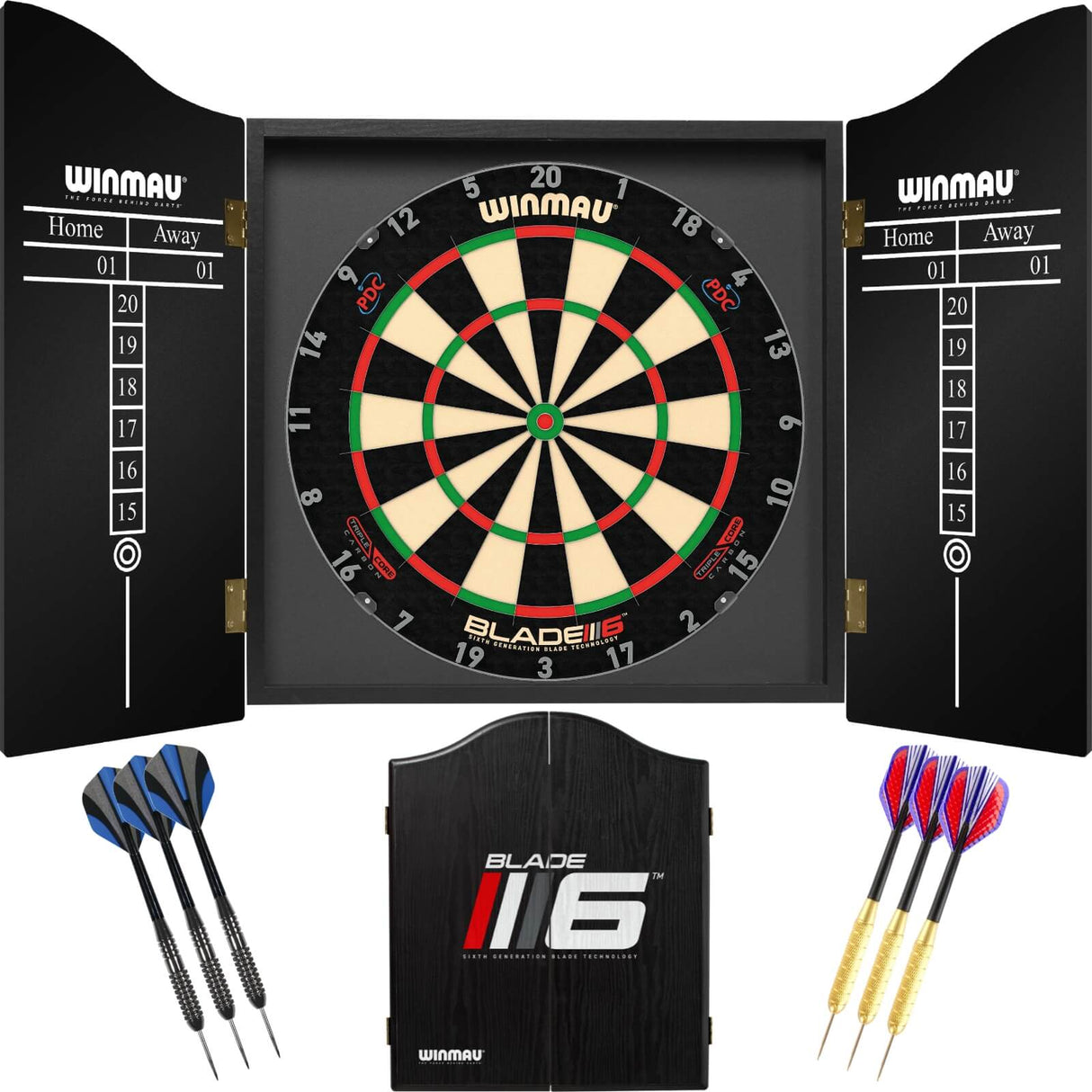 Winmau - Blade 6 Triple Core Dartboard & Cabinet Ready to Play Bundle - Blade 6
