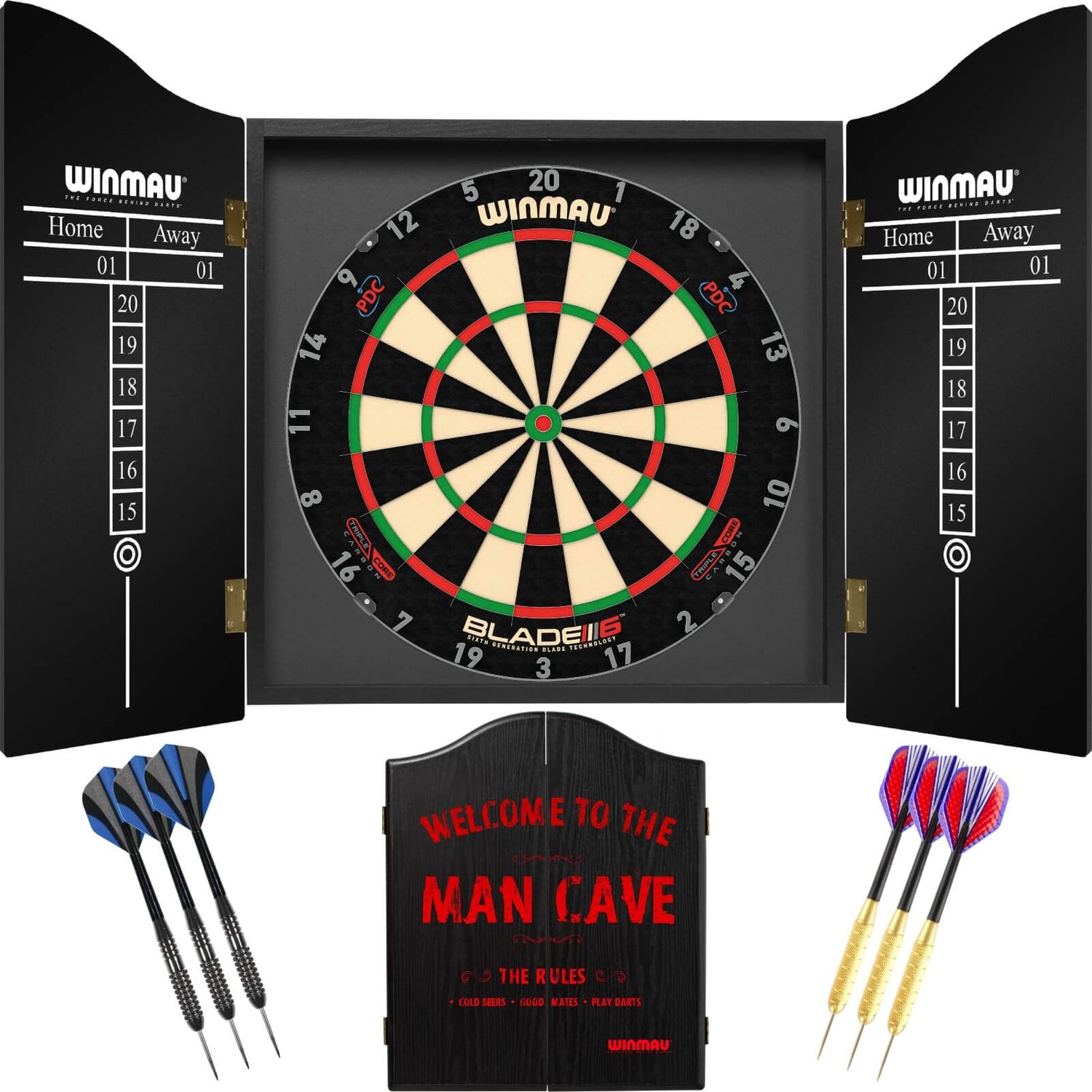 Winmau - Blade 6 Triple Core Dartboard & Cabinet Ready to Play Bundle - Man Cave