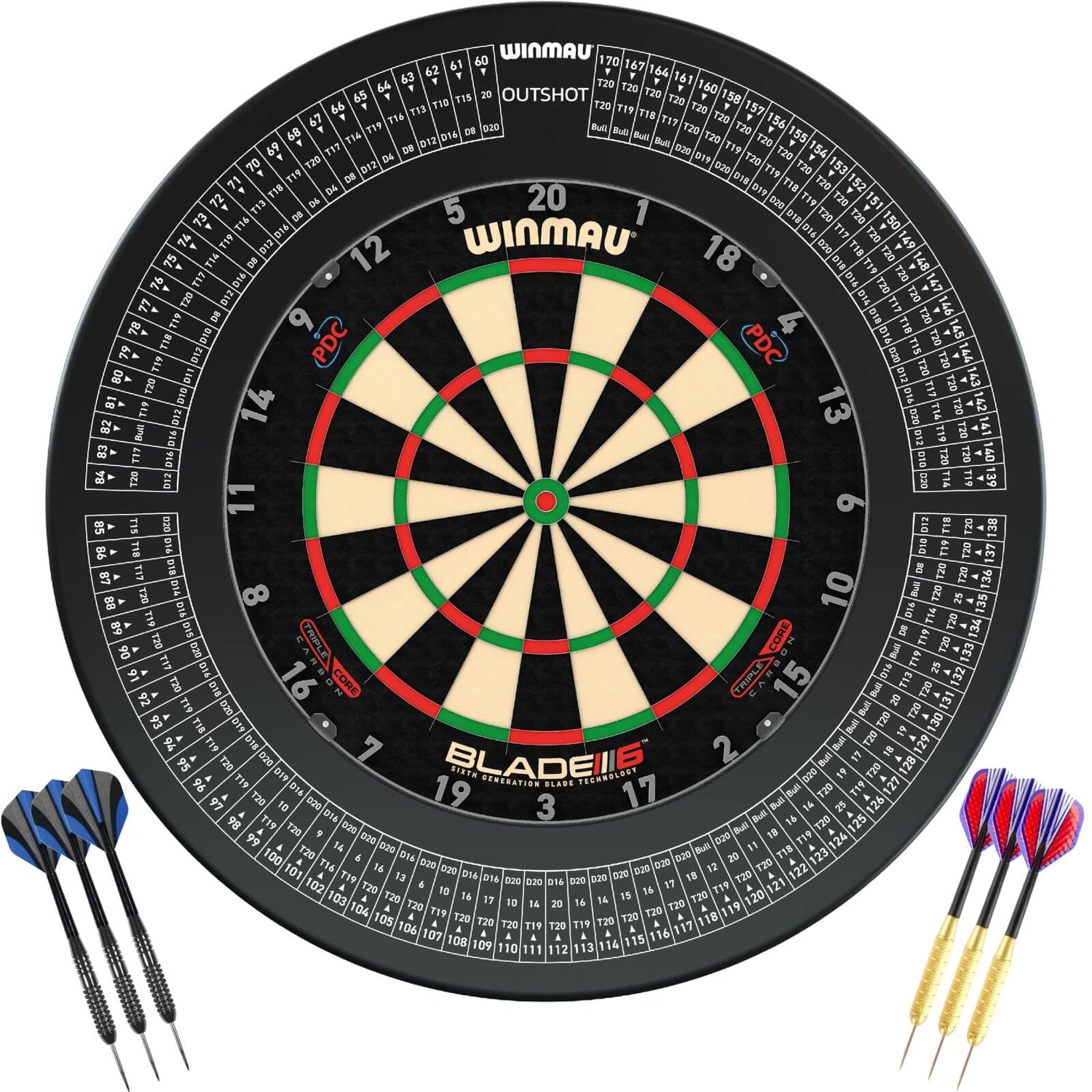 Winmau - Blade 6 Triple Core Dartboard & Surround Ready to Play Bundle - Outshot