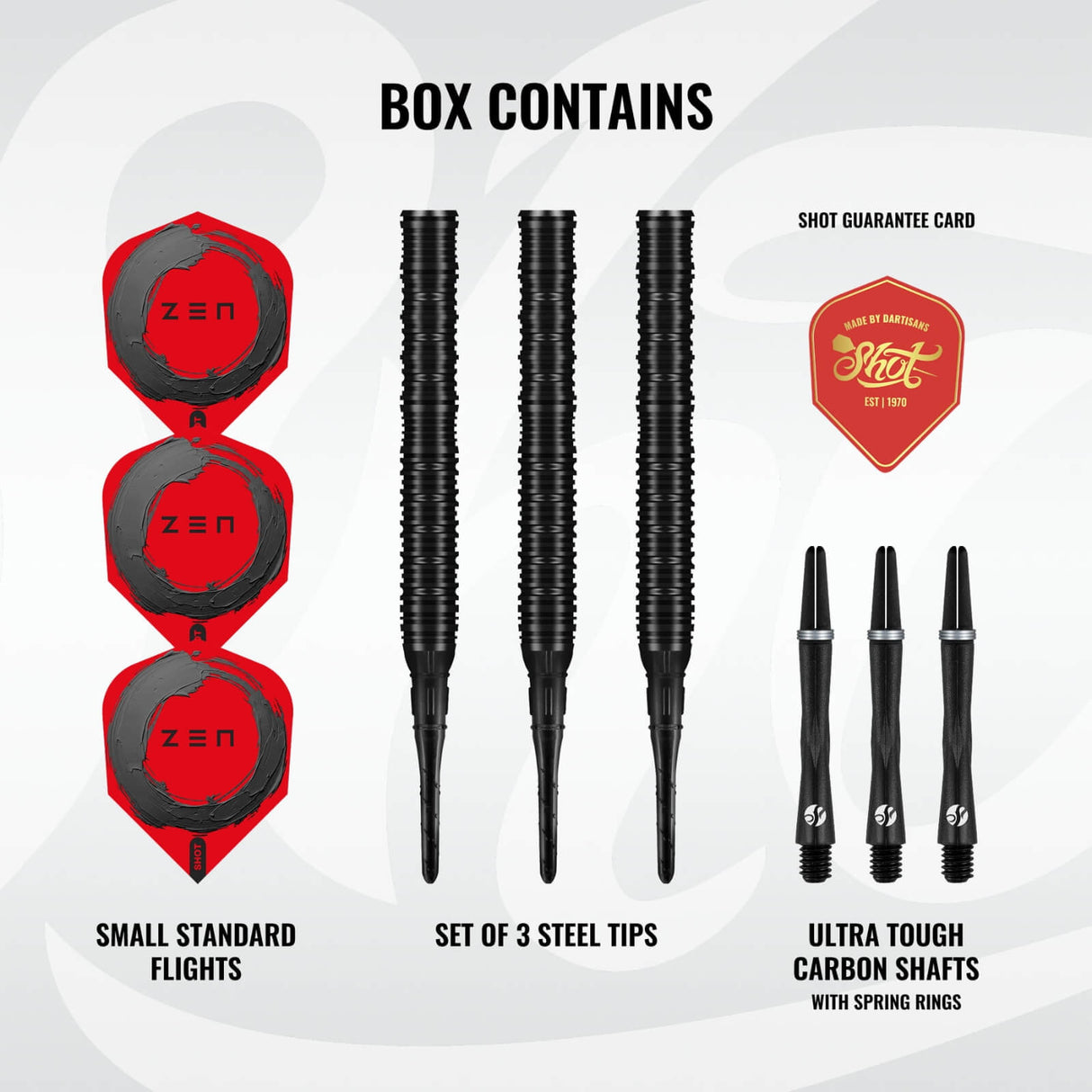 Shot - Zen Straight Darts - Soft Tip - 90% Tungsten - 20g