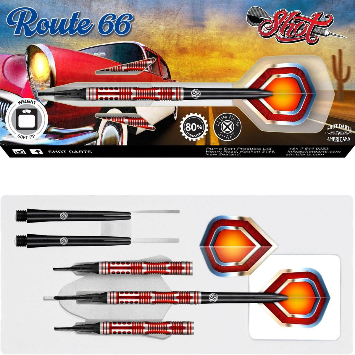 Darts - Shot - Americana Route 66 Darts - Soft Tip - 80% Tungsten - 18g 