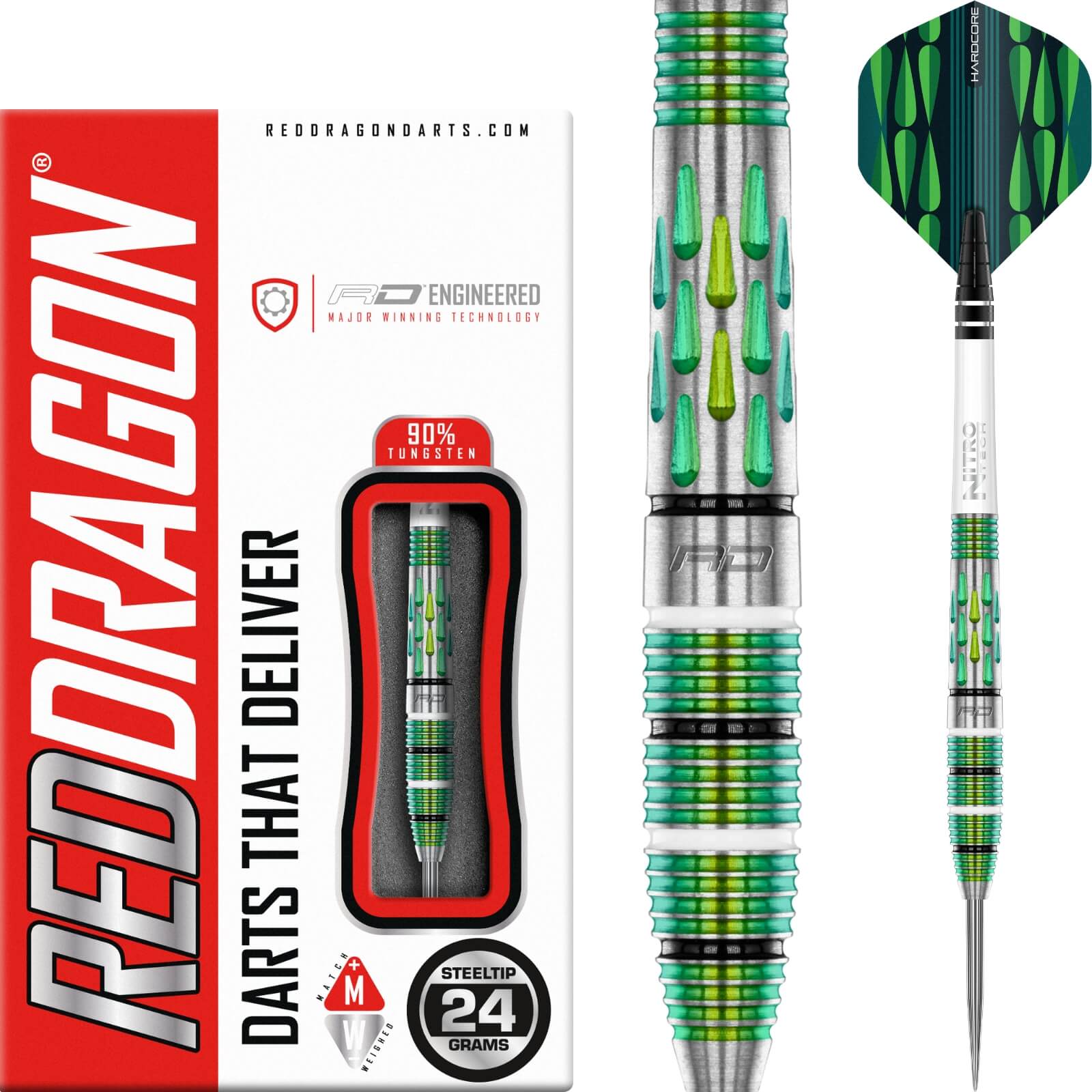 Darts - Red Dragon - Artura Green Darts - Steel Tip - 90% Tungsten - 24g 26g 