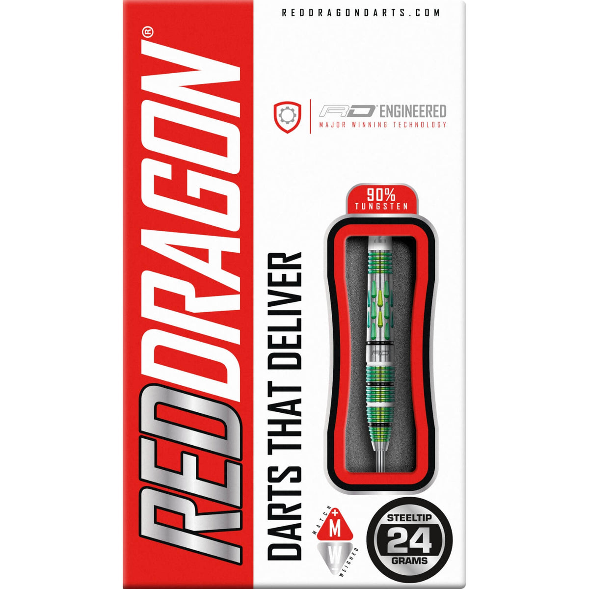 Darts - Red Dragon - Artura Green Darts - Steel Tip - 90% Tungsten - 24g 26g 
