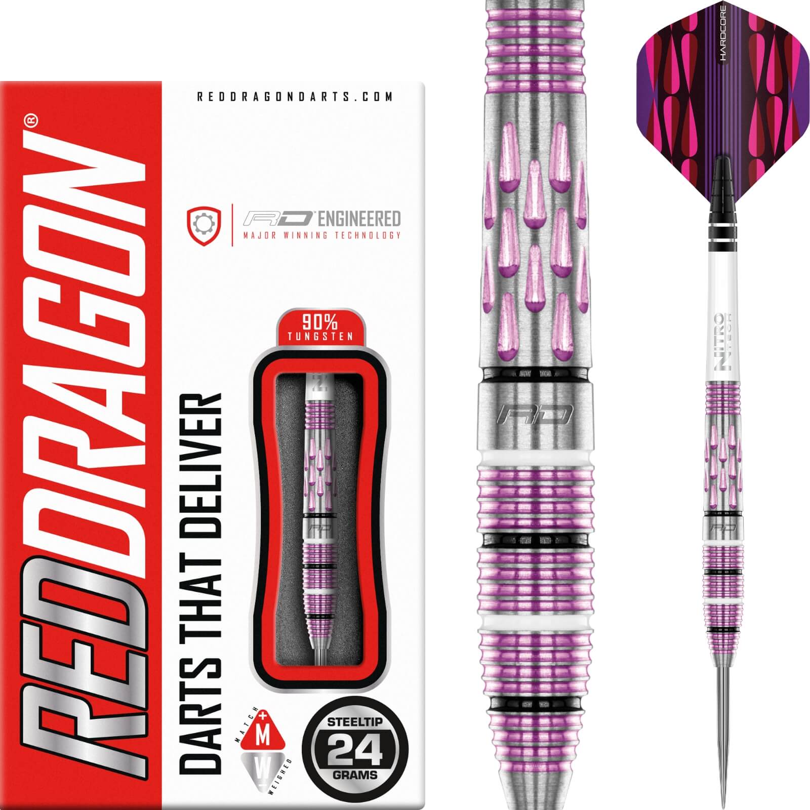 Darts - Red Dragon - Artura Pink Darts - Steel Tip - 90% Tungsten - 24g 26g 