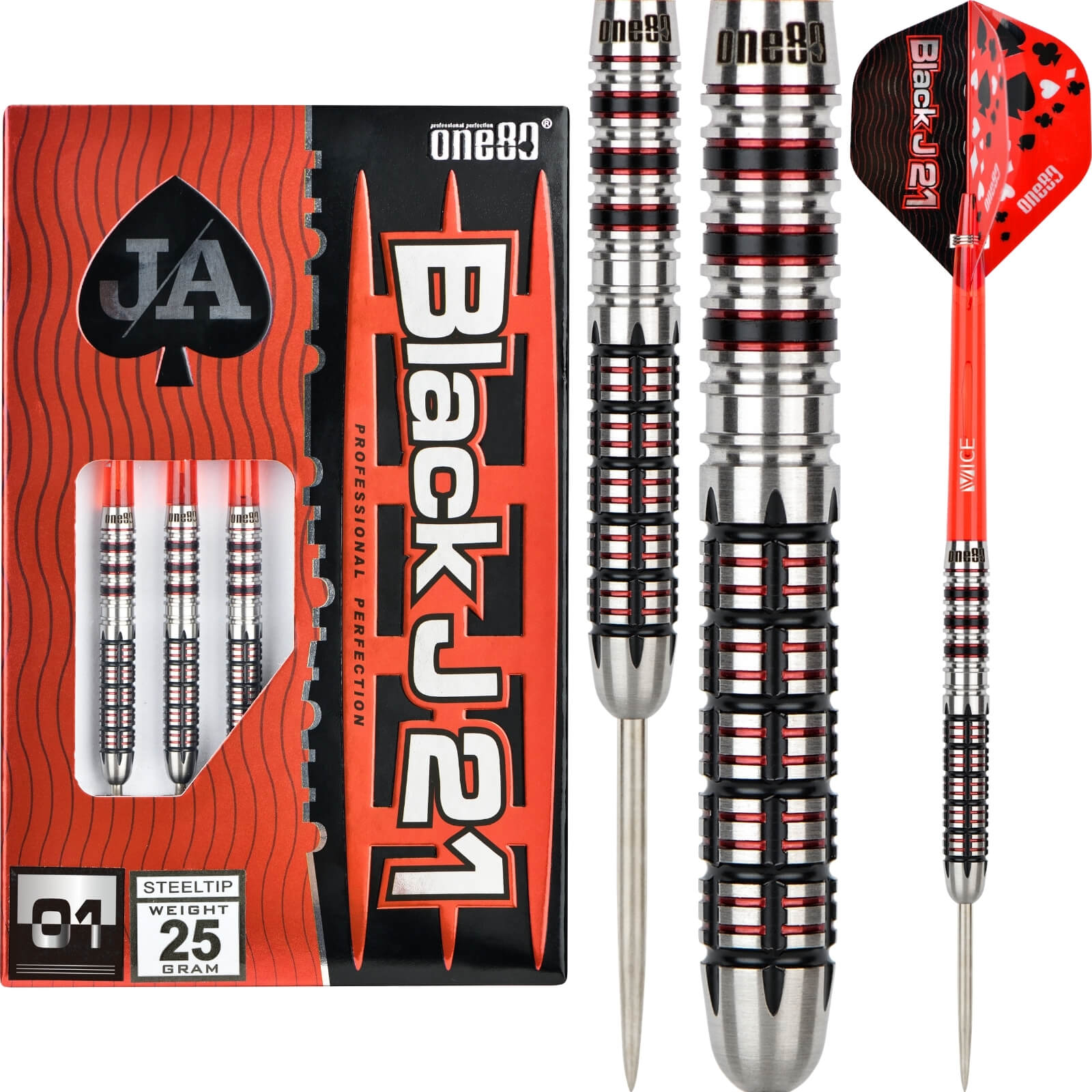 Darts - One80 - Black J21 01 Darts - Steel Tip - 90% Tungsten - 21g 23g 25g 